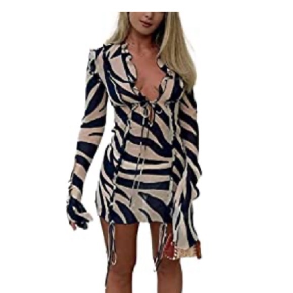 SOLD // LONG SLEEVE FRILL TRIM ZEBRA MINI DRESS - Picture 3 of 4
